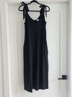Smash + Tess Black Tie-Shoulder Midi Dress Sz Medium Bamboo Cotton Blend Pockets